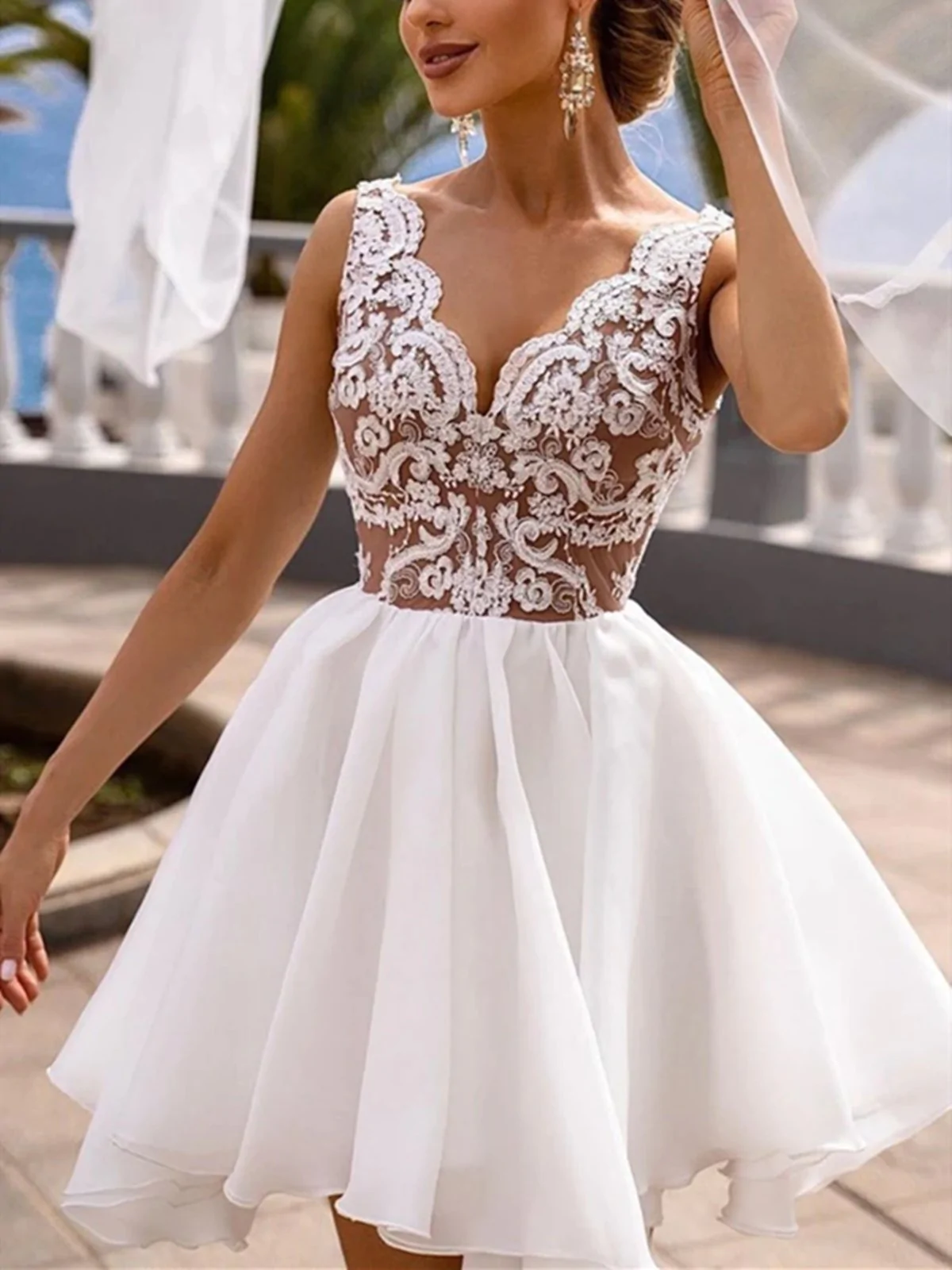 A-Line V-Neck Short Lace Prom Dresses, Short V-Neck Lace Formal Homecoming Dresses - FashionDia