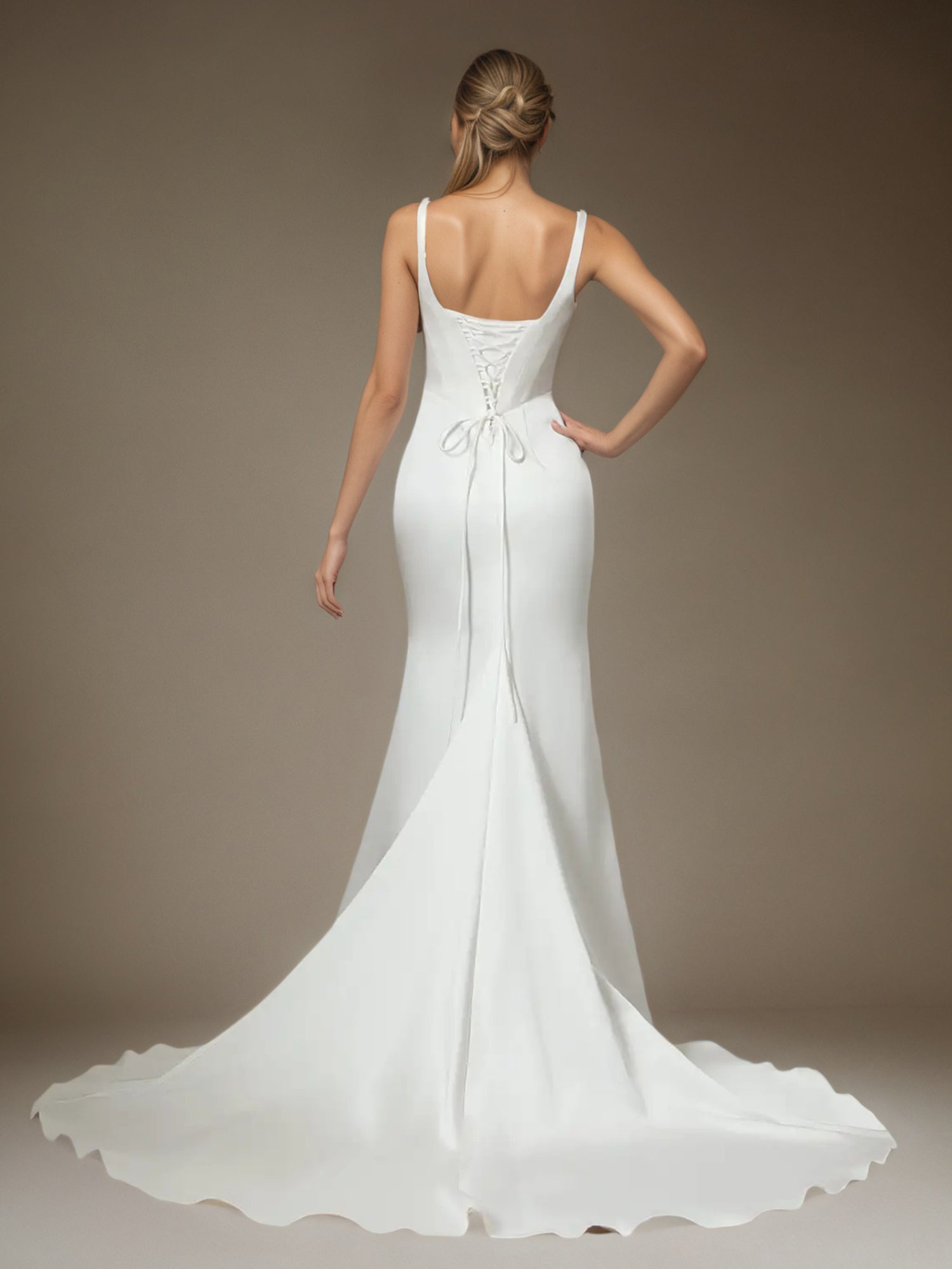 White Mermaid Square Neckline Double Faced Satin Wedding Dress