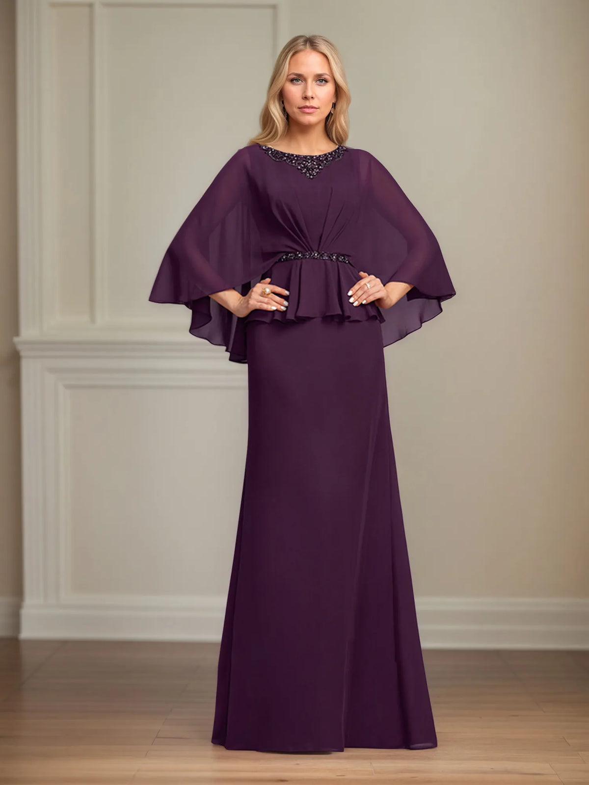 A-line Scoop Floor-Length Chiffon Mother of the Bride Dress With Pleated Sequins Beading - FashionDia