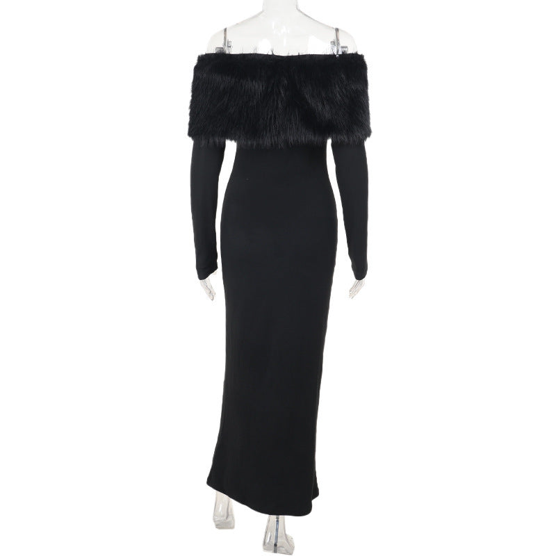 Onyx Fur Midi Dress Black
