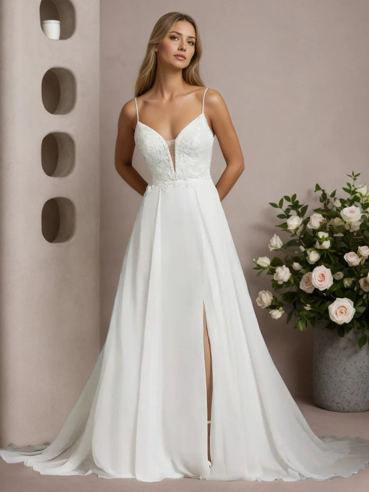 White A-Line Off-the-Shoulder Sleeveless Sequins Chiffon Wedding Dress - View 4 | FashionDia