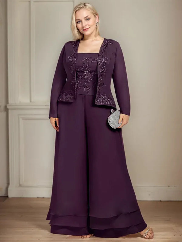 Separates Jumpsuit/Pantsuit Square Ankle-Length Lace Chiffon Mother of the Bride Dress With Sequins - View 8 | FashionDia