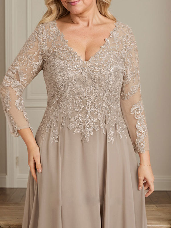 A-line V-Neck Floor-Length Lace Chiffon Mother of the Bride Dress With Sequins - View 10 | FashionDia