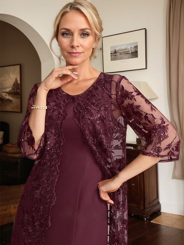 Cabernet A Line Scoop Tea-Length Lace Chiffon Mother of the Bride Dress