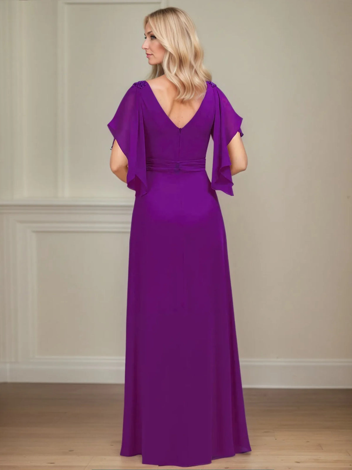 A-Line V-Neck Appliqued Floor-Length Mother of the Bride Dress with Ruffles - View 10 | FashionDia