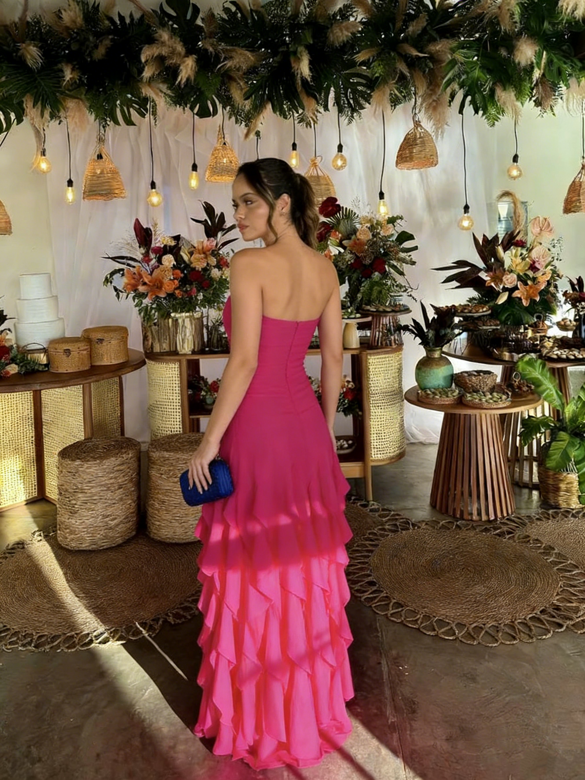 Classy Strapless Hot Pink Chiffon Ruffle Long Evening Dress Prom Gown With Ribbon - View 2 | FashionDia