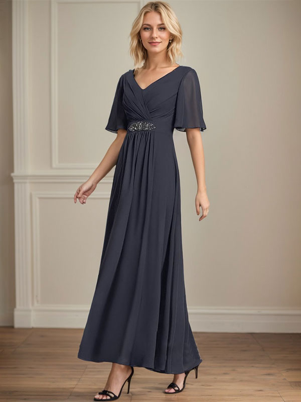 A-line V-Neck Ankle-Length Chiffon Mother of the Bride Dress With Pleated Beading Sequins - View 8 | FashionDia