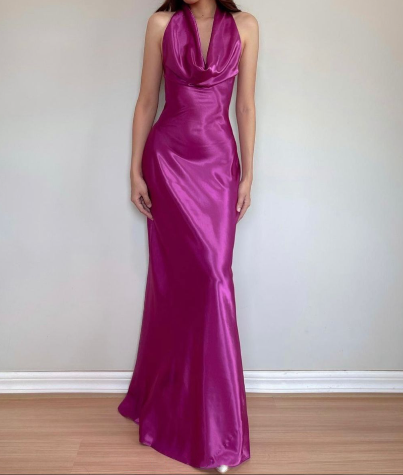 Classy Halter Hot Pink Satin Mermaid Bridesmaid Dress Long Wedding Guest Dress - FashionDia