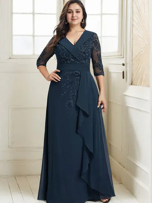 A-line Collared V-Neck Floor-Length Lace Chiffon Mother of the Bride Dress With Sequins Cascading Ruffles - View 8 | FashionDia