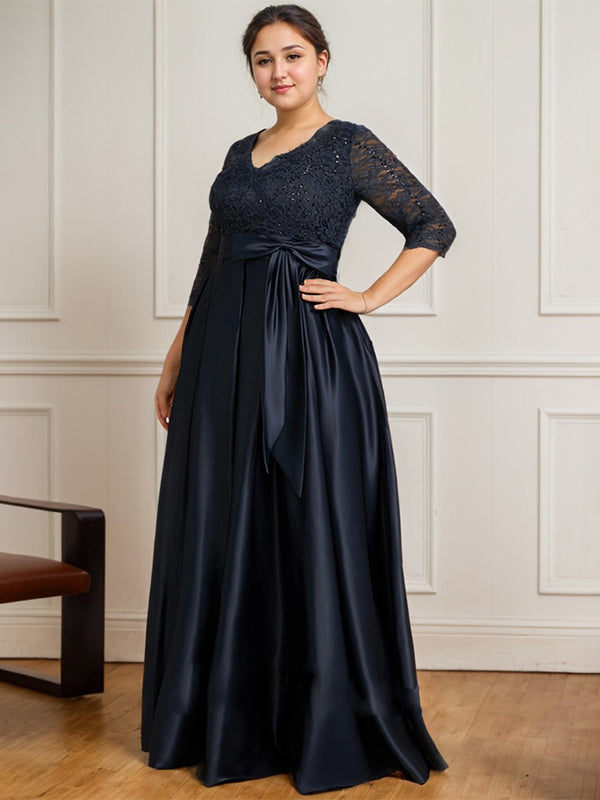 A-line V-Neck Floor-Length Satin Lace Mother of the Bride Dress With Sequins Bow - View 9 | FashionDia