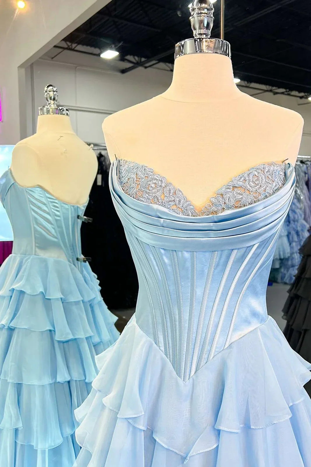 Stunning A-Line Sweetheart Satin Top Long Tiered Chiffon Prom Dress with Slit - View 9 | FashionDia