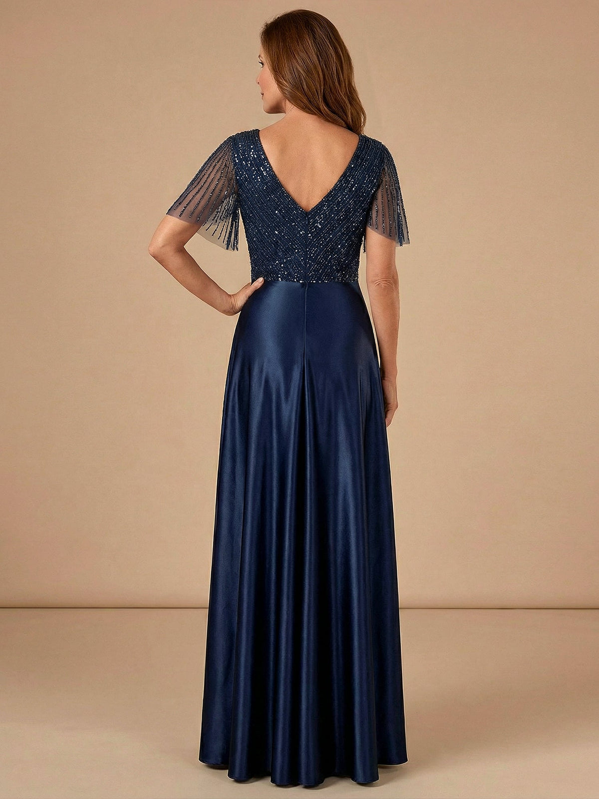 Tassel V-Neck A-Line Sparky Sequins Mother of the Brides Dresses - View 3 | FashionDia
