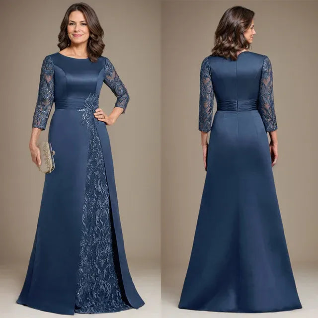 A-Line Scoop Floor-Length Lace Satin Mother Of the Bride Dress With Applique - View 8 | FashionDia