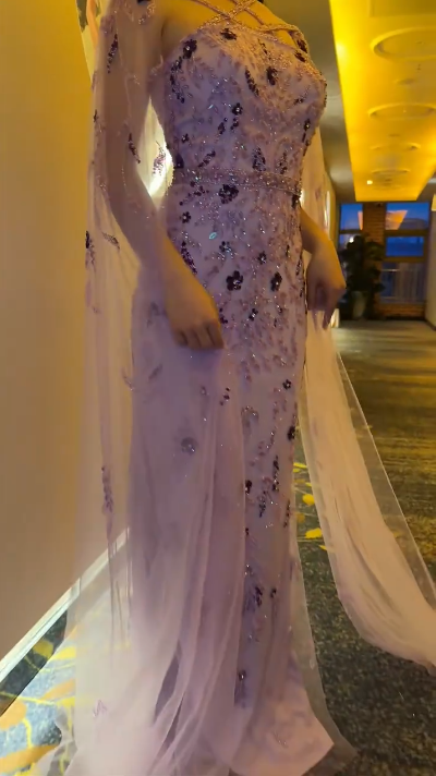 Gorgeous Lavender Tulle Satin Beaded Sheath Long Prom Dress Formal Birthday Party Dress