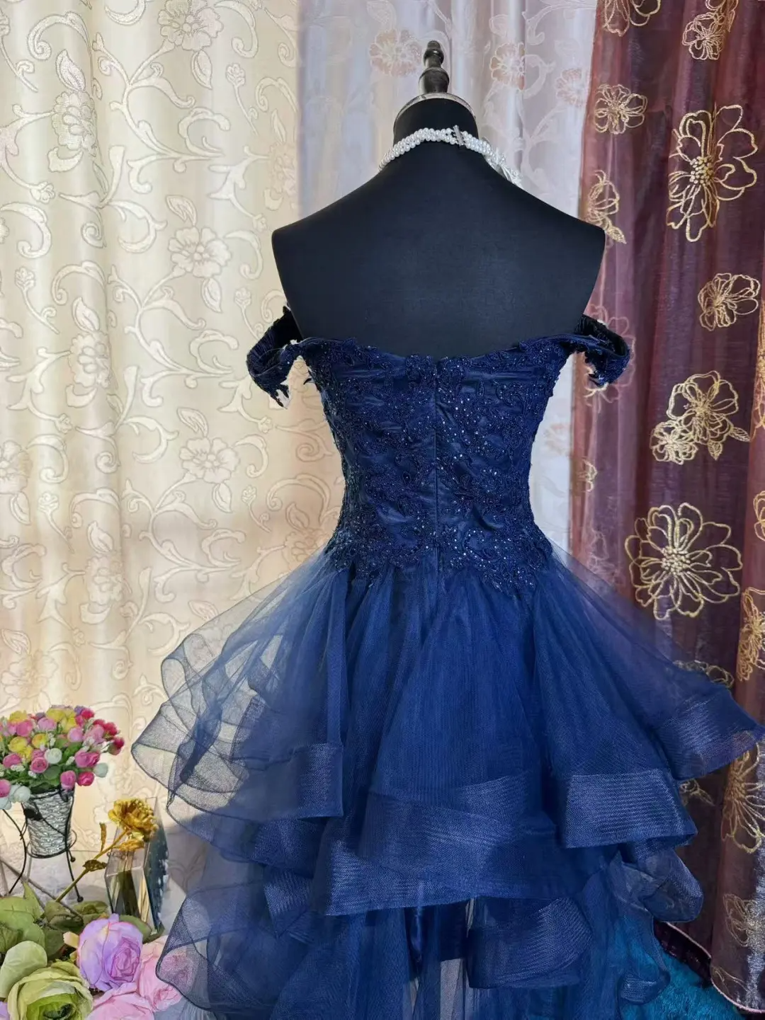 Vintage Navy Blue Tulle Appliques A-Line Short Homecoming Dress Off-the-Shoulder 19th Birthday Outfits - View 8 | FashionDia