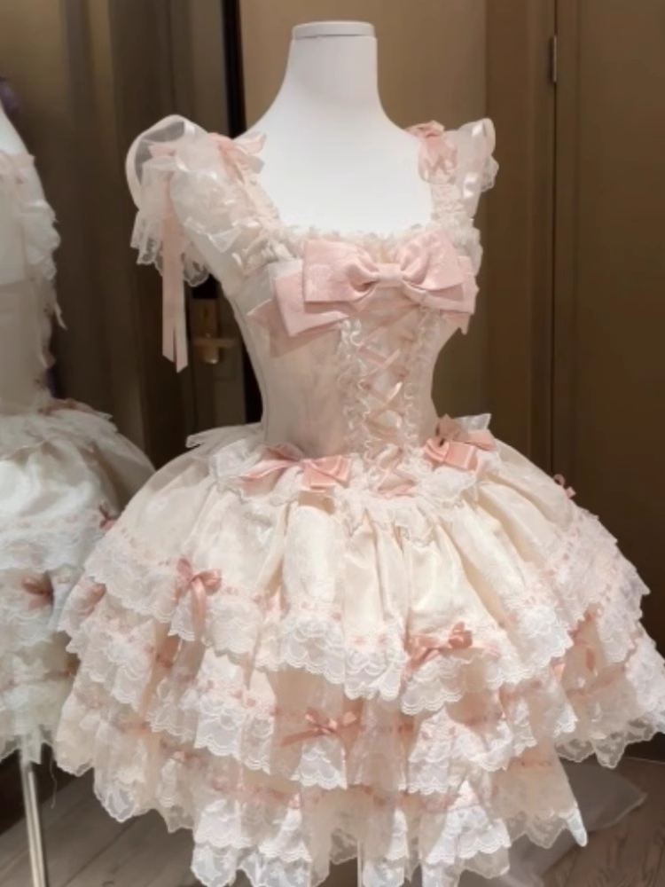 Cute Girl Lolita Lace Bow Princess Dress Pink Birthday Dress