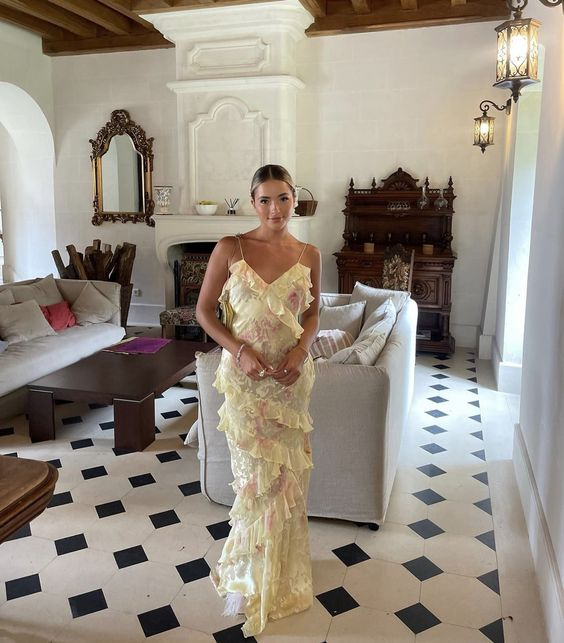 Pretty Yellow Print Chiffon Ruffles Party Evening Dress Long Prom Dress
