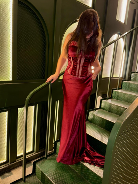 Classy Burgundy Lace Satin Pleated Mermaid Long Wedding Guest Dress Formal Party Dress Evening Gown - View 2 | FashionDia