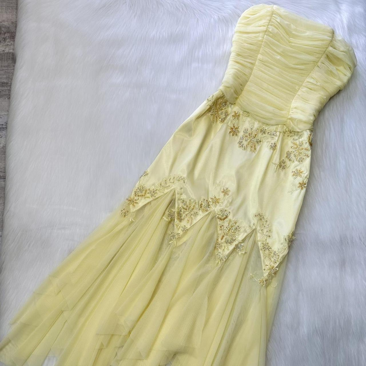 Elegant Strapless Yellow Chiffon Satin Beaded Mermaid Evening Dress Birthday Party Dress