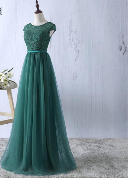 Green tulle lace top round neck long evening dresses simple formal dress S6796 - View 2 | VelvetHem