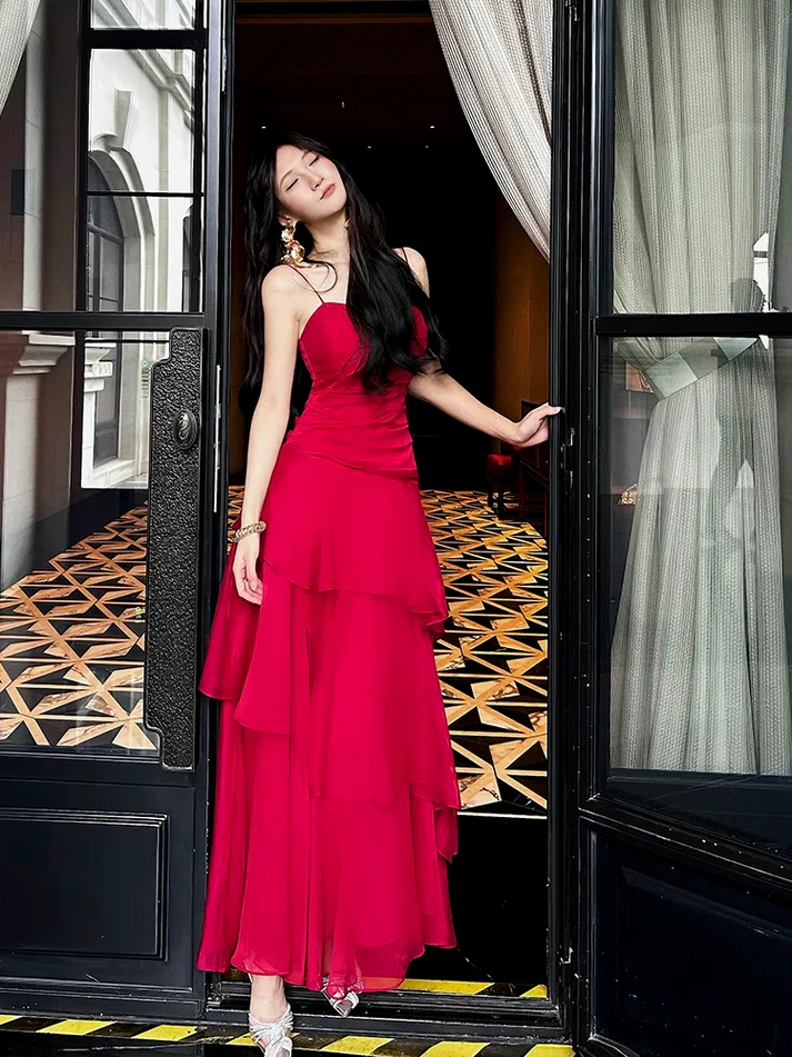 Beautiful Red Chiffon Layered Evening Dress Spaghetti Straps Prom Party Dress - View 2 | FashionDia