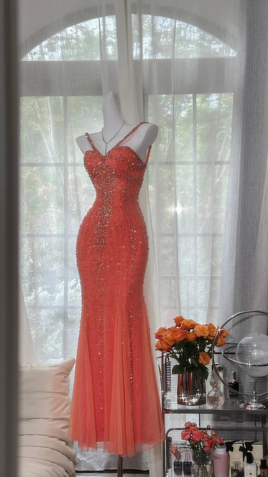 Sparkly Spaghetti Straps Orange Chiffon Beaded Mermaid Evening Dress Long Party Dress