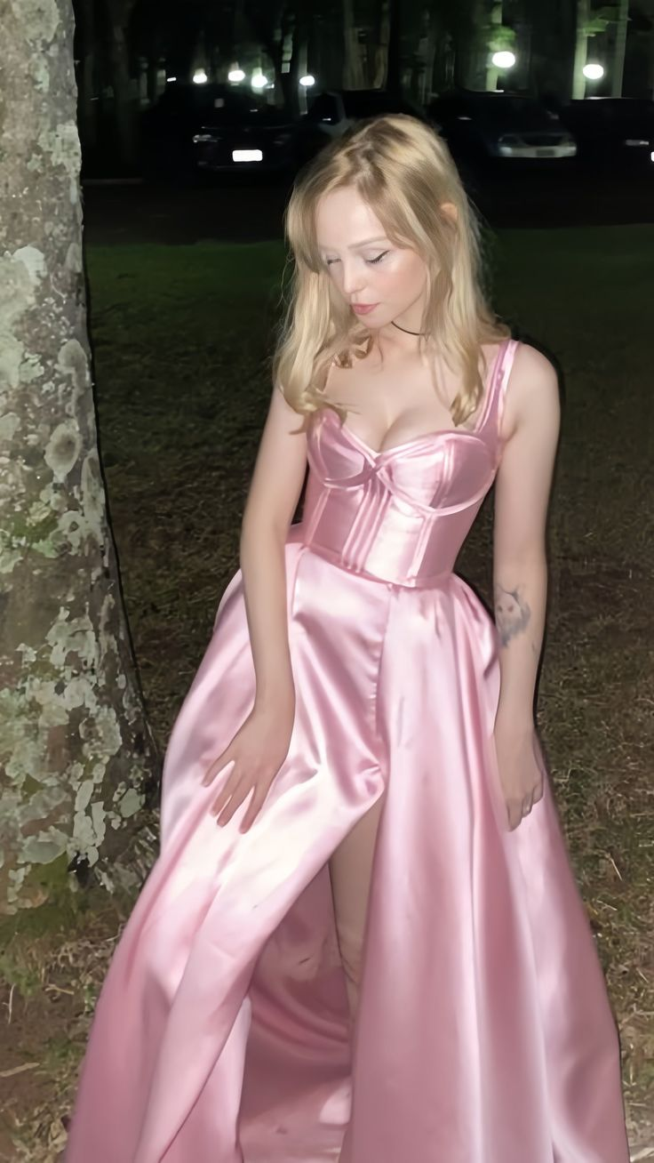 Gorgeous Pink Satin Slit Backless Evening Dress,A Line Prom Party Dress