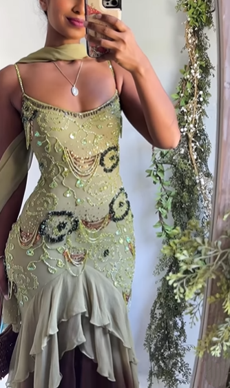 Classy Spaghetti Strap Sage Green Chiffon Beaded Mermaid Evening Dress Long Birthday Party Dress With Scarf - View 5 | FashionDia