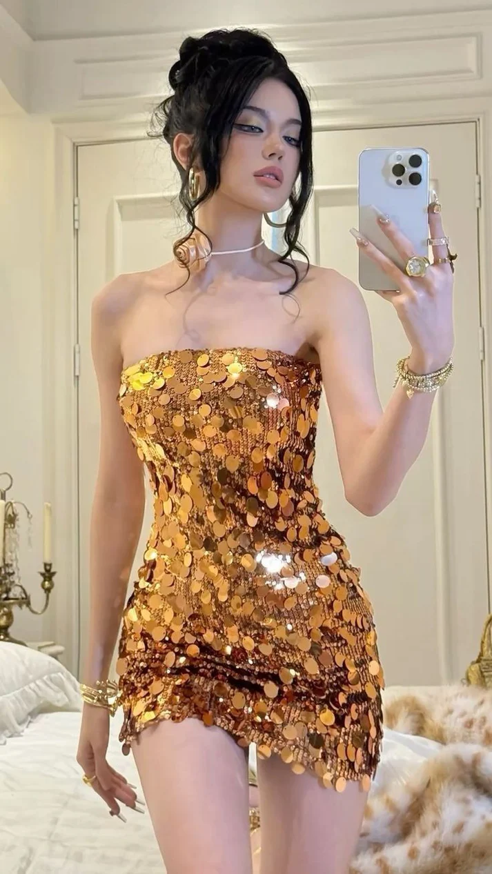 Beaautiful Gold Sequin Strapless Homecoming Dress Mini Cocktail Dress - FashionDia