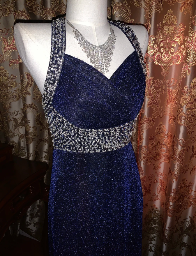 Pretty Halter Navy Blue Sequin Beaded Mermaid Long Evening Dress Birthday Party Dress - View 6 | FashionDia