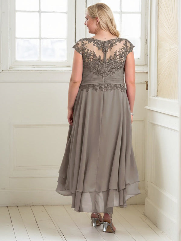 A-line Boat Neck Illusion Asymmetrical Chiffon Lace Mother of the Bride Dress With Applique Pleats - View 8 | FashionDia