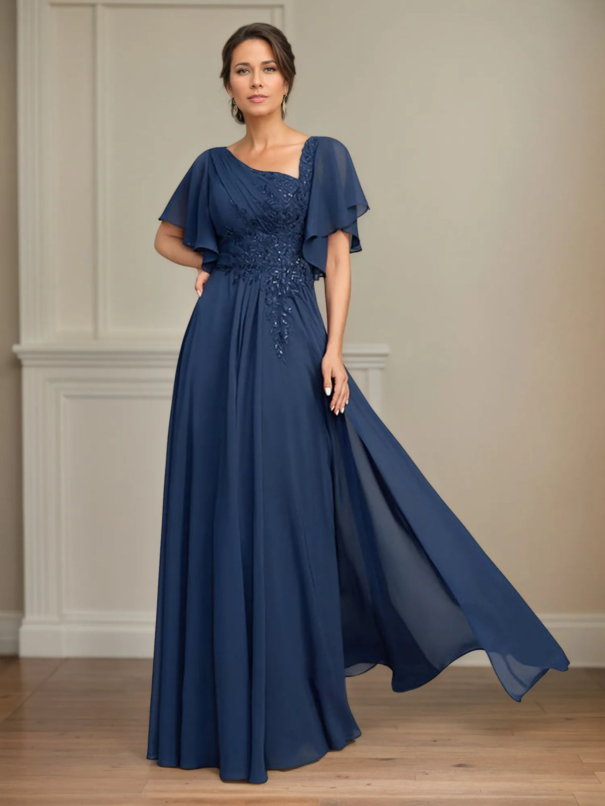 A-Line Asymmetrical Floor-Length Lace Chiffon Mother of the Bride Dress With Pleated Sequins - View 6 | FashionDia