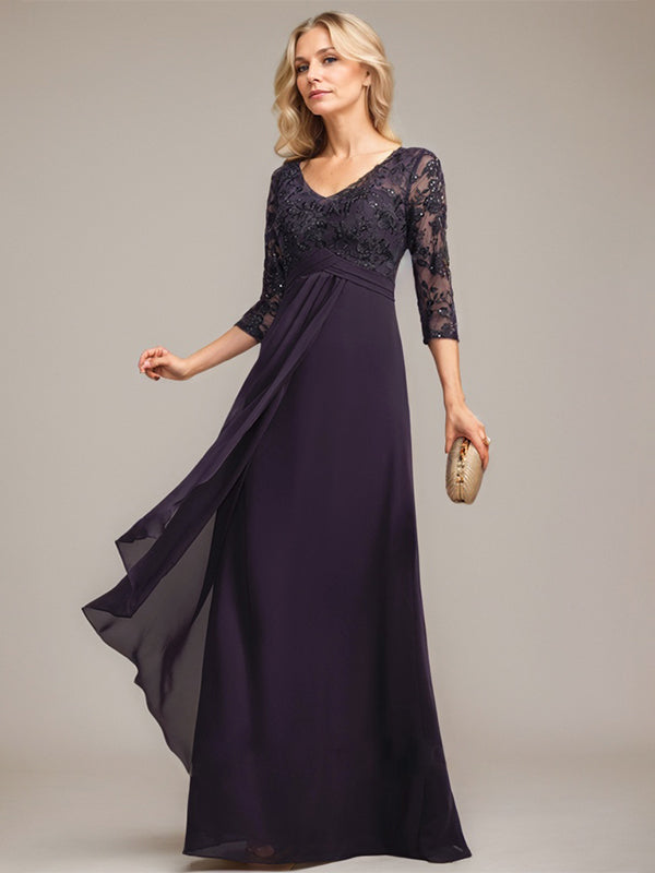 A-line V-Neck Floor-Length Lace Chiffon Mother of the Bride Dress With Cascading Ruffles Sequins - View 7 | FashionDia