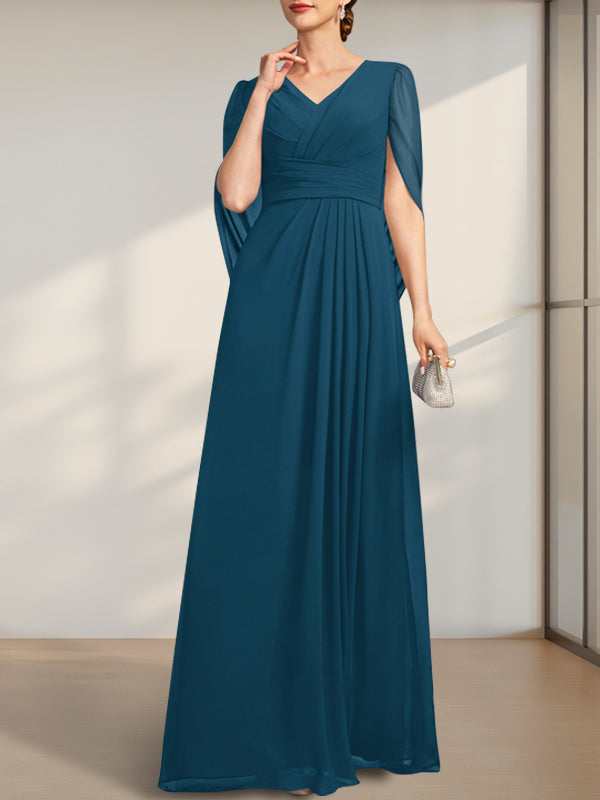 A-line V-Neck Floor-Length Chiffon Mother of the Bride Dress With Pleated - View 8 | FashionDia