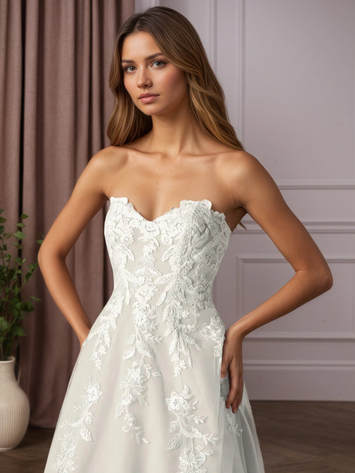 White Ball-Gown Strapless Lace Wedding Dress - View 8 | FashionDia