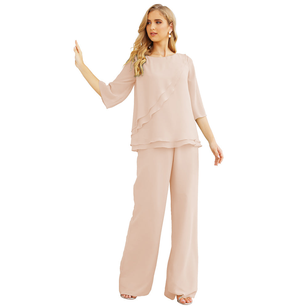 Sunnderly Chiffon Mother of The Bride Dress Plus Size Pant Suits Ruffle Layers