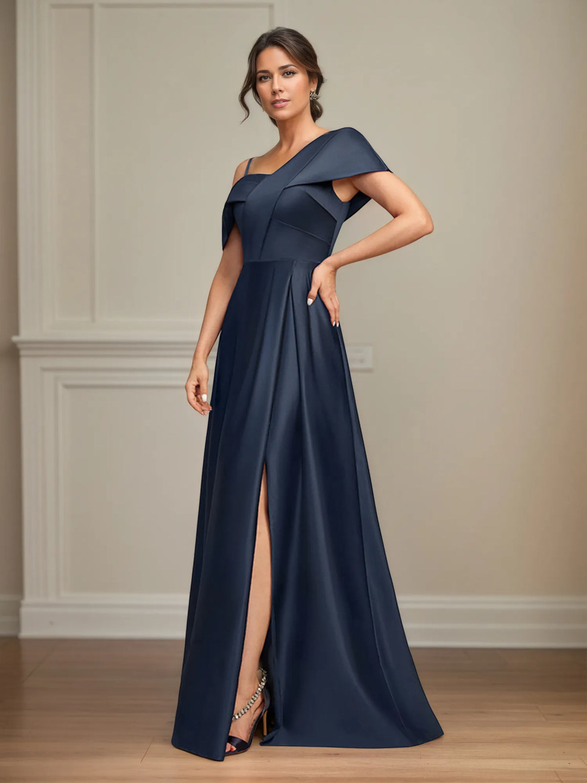 A-Line Asymmetrical Floor-Length Satin Mother of the Bride Dress With Pleated - View 7 | FashionDia