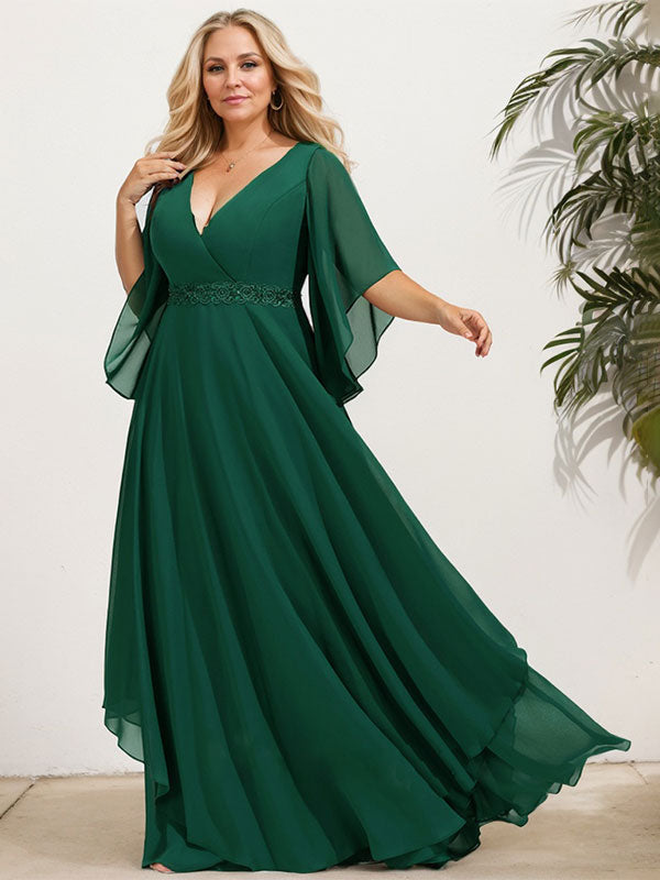 A-line V-Neck Floor-Length Chiffon Mother of the Bride Dress With Sequins Appliques Lace Beading - View 10 | FashionDia