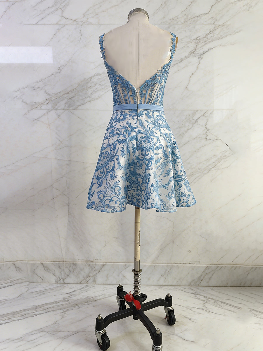 Blue Print A-Line Floral Corset Short Homecoming Dress With Bow - View 2 | FashionDia