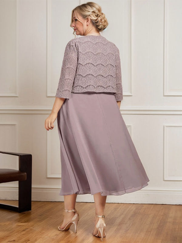 A-line Scoop Tea-Length Chiffon Mother of the Bride Dress With Pleated - View 8 | FashionDia