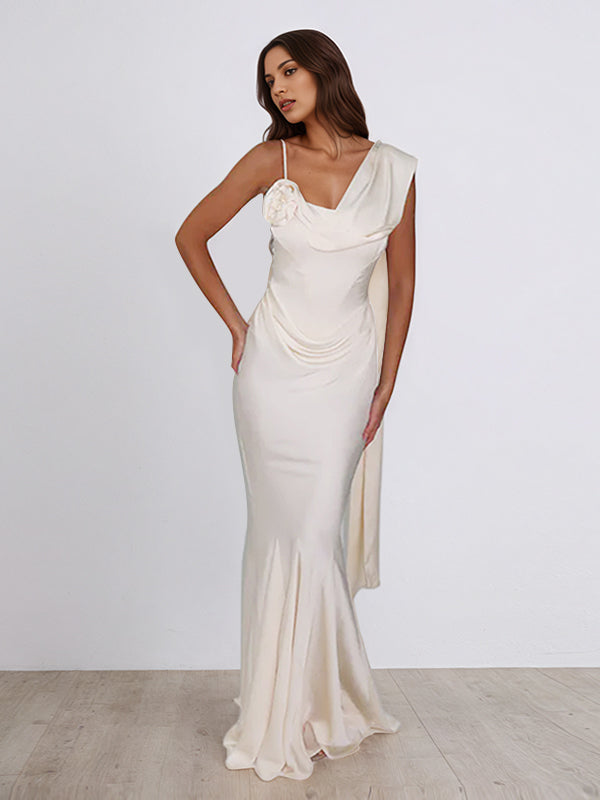 Ivory Satin Asymmetrical Neck Sleeveless Floor Length Dress With 3D Flower