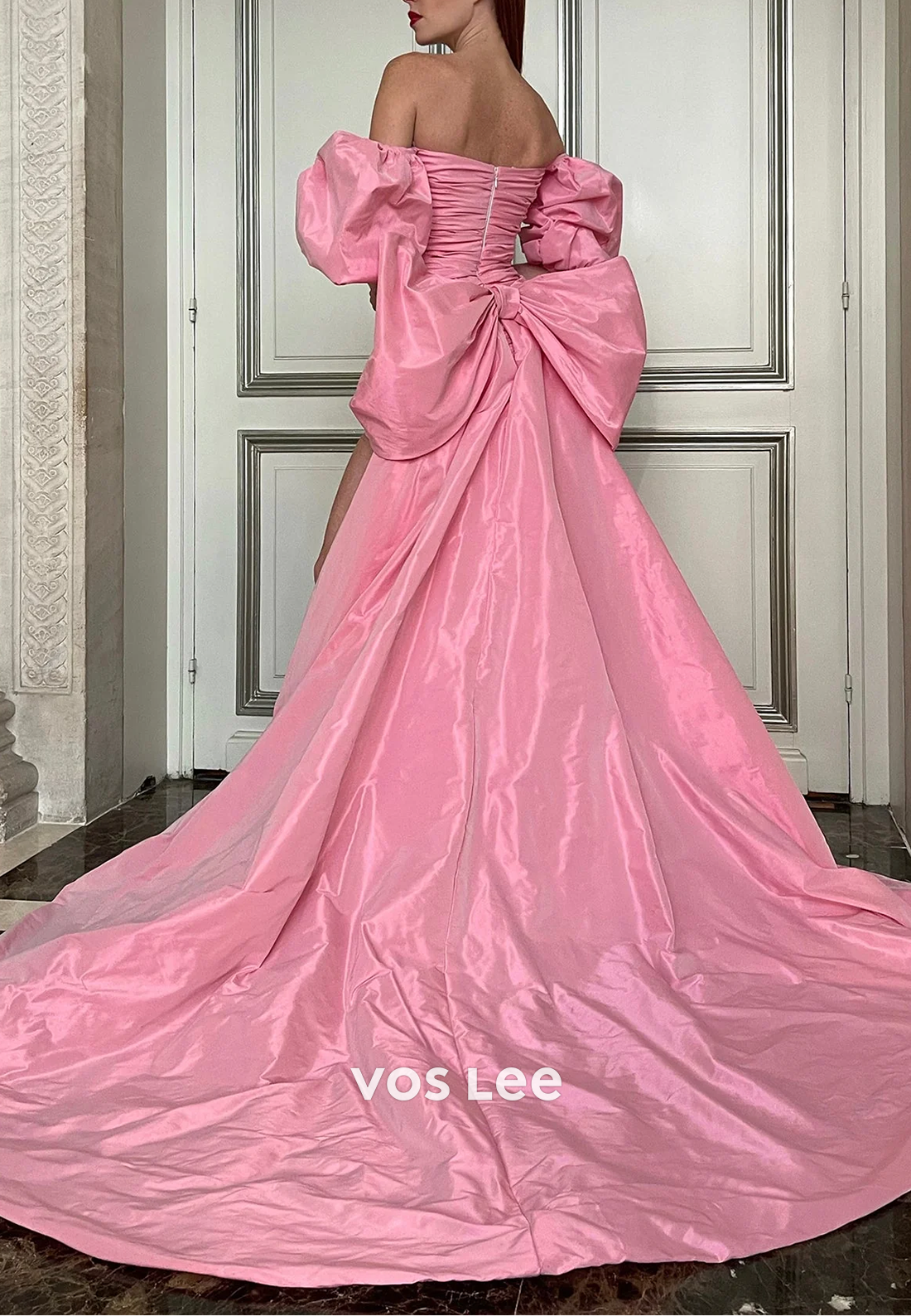 A-Line High Low Bows Hot Pink Holiday Prom Dresses with Court Train