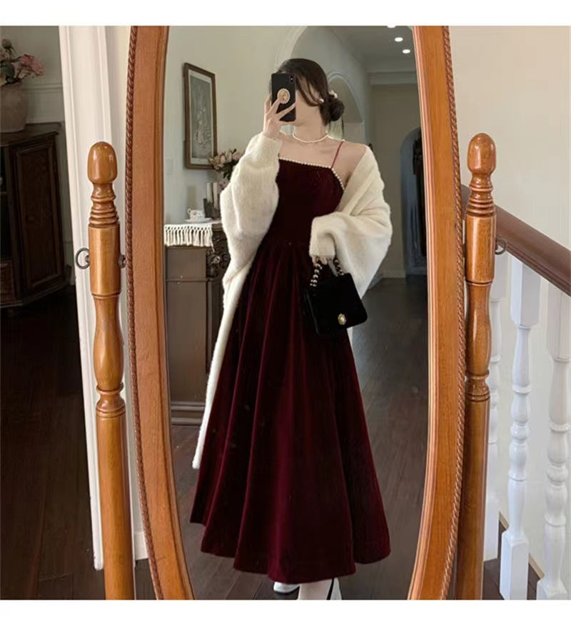 Spaghetti Straps Burgundy Velvet Prom Dress Simple Prom Dress Party Dress - View 3 | FashionDia