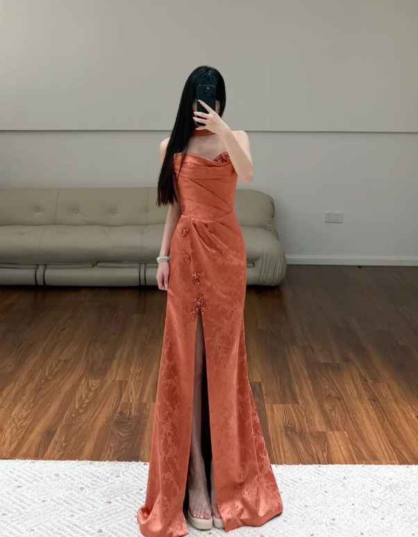 Rust Red Satin Prom Party Dress Evening Dress Graduation Dress