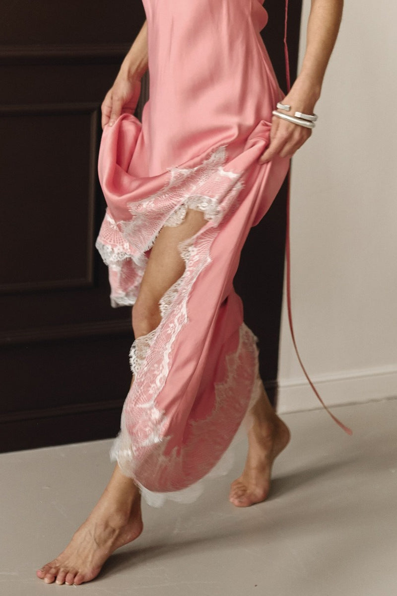 Satin Spaghetti Strap Split Lace Dress - View 5 | VelvetHem