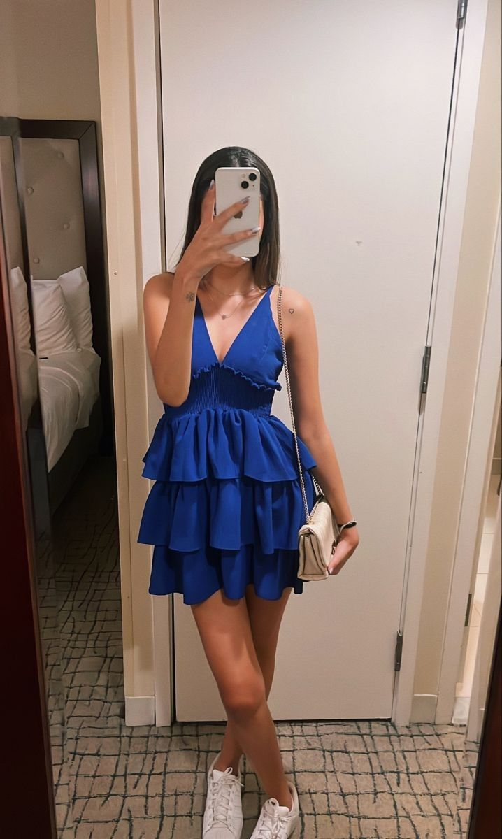 Blue V Neck Layered Satin A Line Homecoming Dress Mini Party Dress