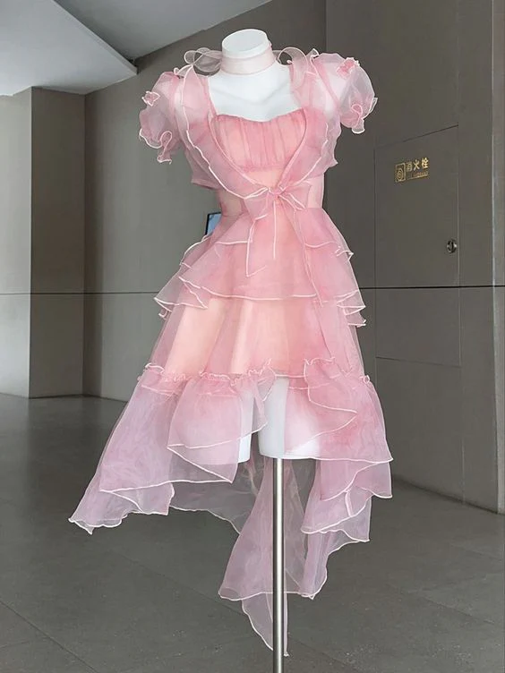 Flowing Pink Tulle Layered Homecoming Dress Short Prom Dress - FashionDia