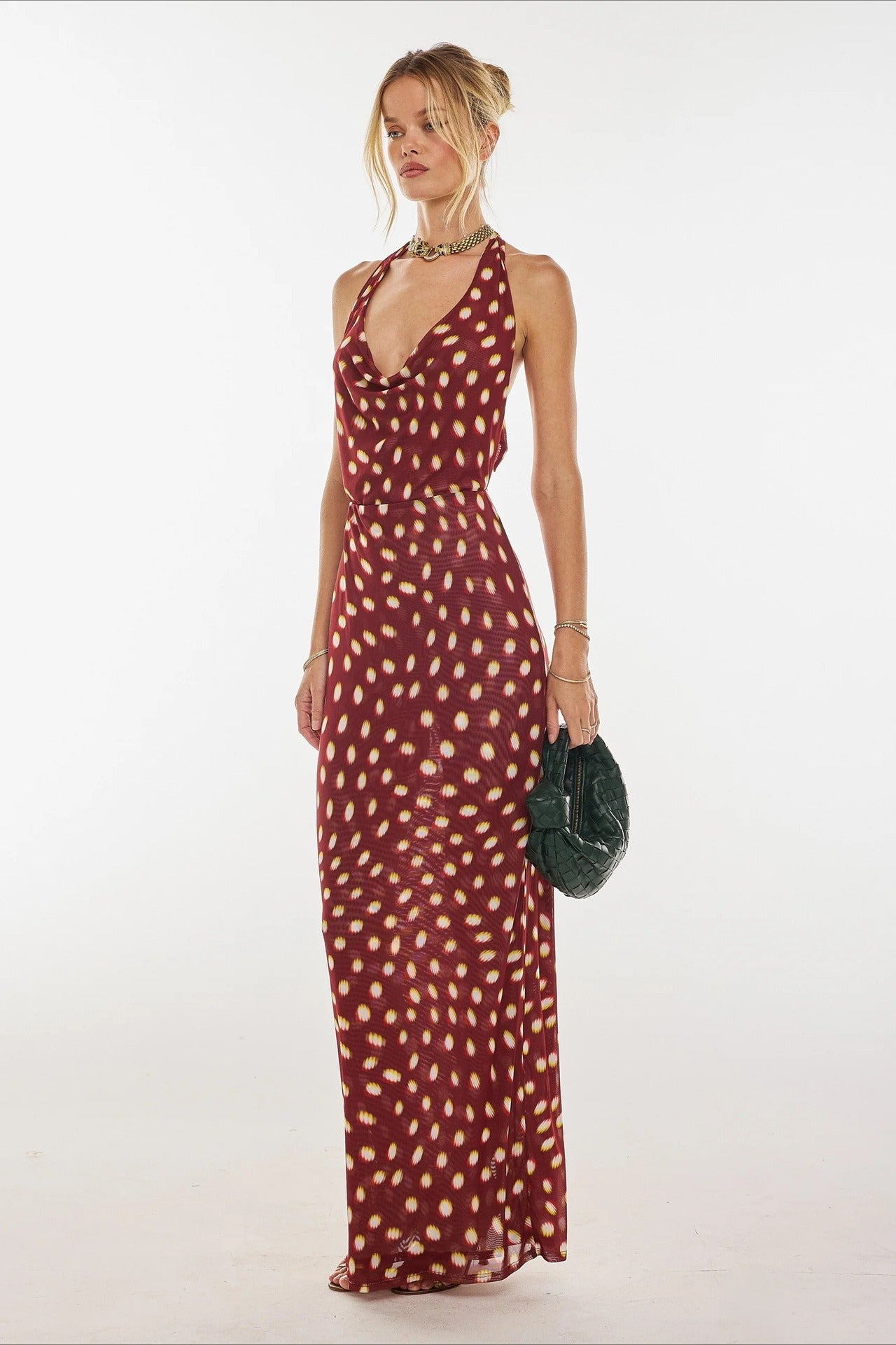 Red Polka Dot Halter Waist Cinched Maxi Dress