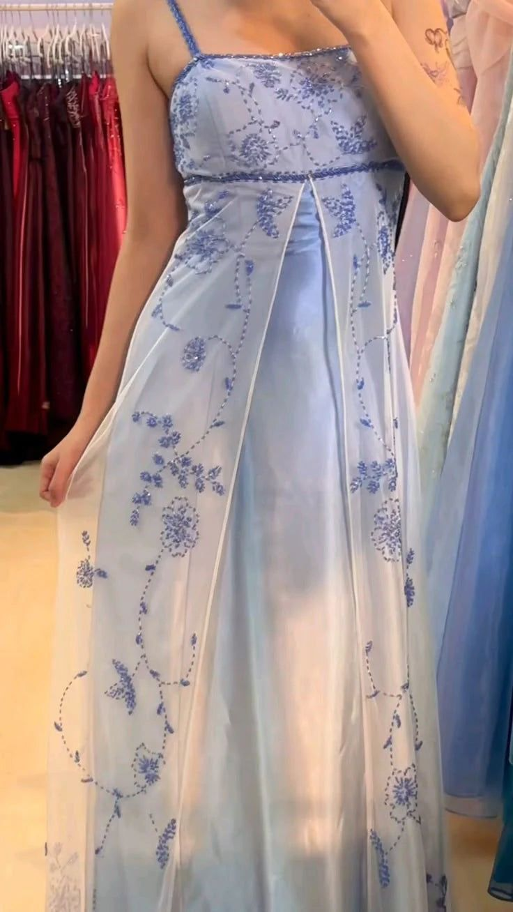 Blue And White Gradient Beaded Long Prom & Evening Dress - FashionDia