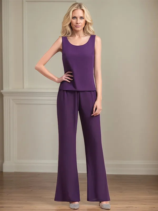 Chiffon Scoop Neck Long Sleeves Floor Length Mother Of The Bride Pantsuits